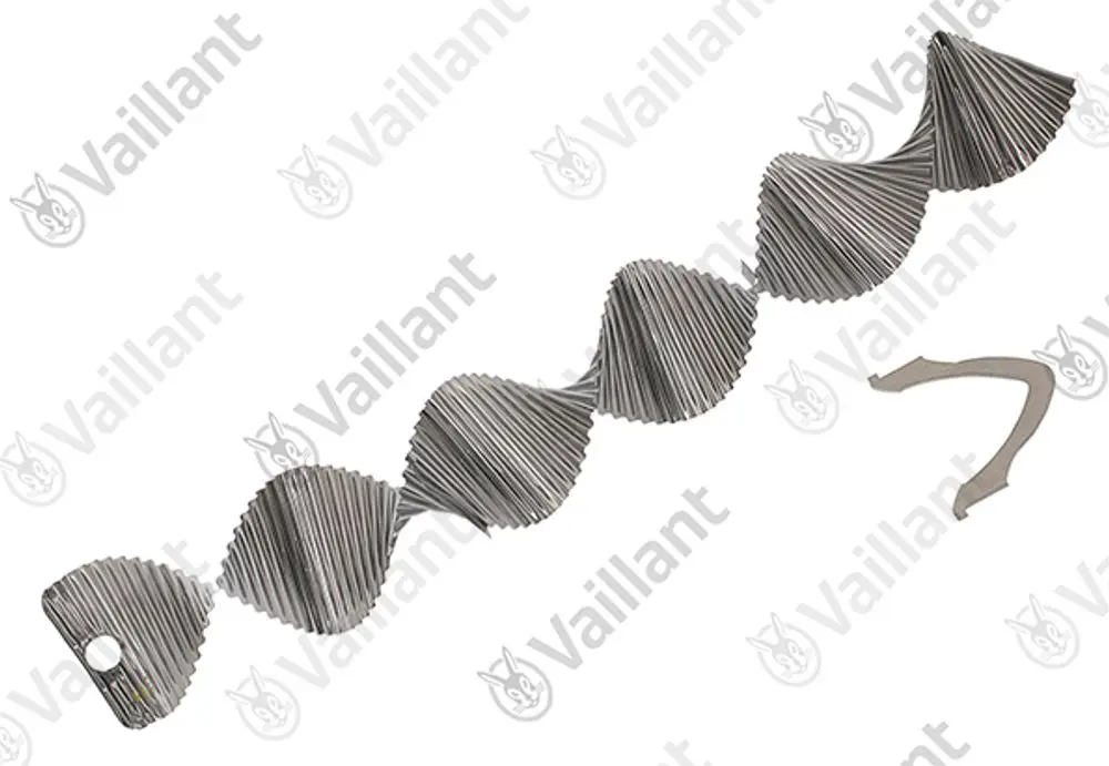 Vaillant Leitblech in gewellter Form aus Metall, flexibel und mit Loch zur Befestigung, auf weißem Hintergrund abgebildet.